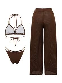 Swim Oasis Bộ đồ bơi 3 mảnh màu nâu đậm dành cho nữ, kiểu cổ yếm, cúp ngực tam giác, đính cườm, khoét rỗng, gợi cảm, thích hợp cho kỳ nghỉ hè, đi biển. - màu nâu - Xem 2
