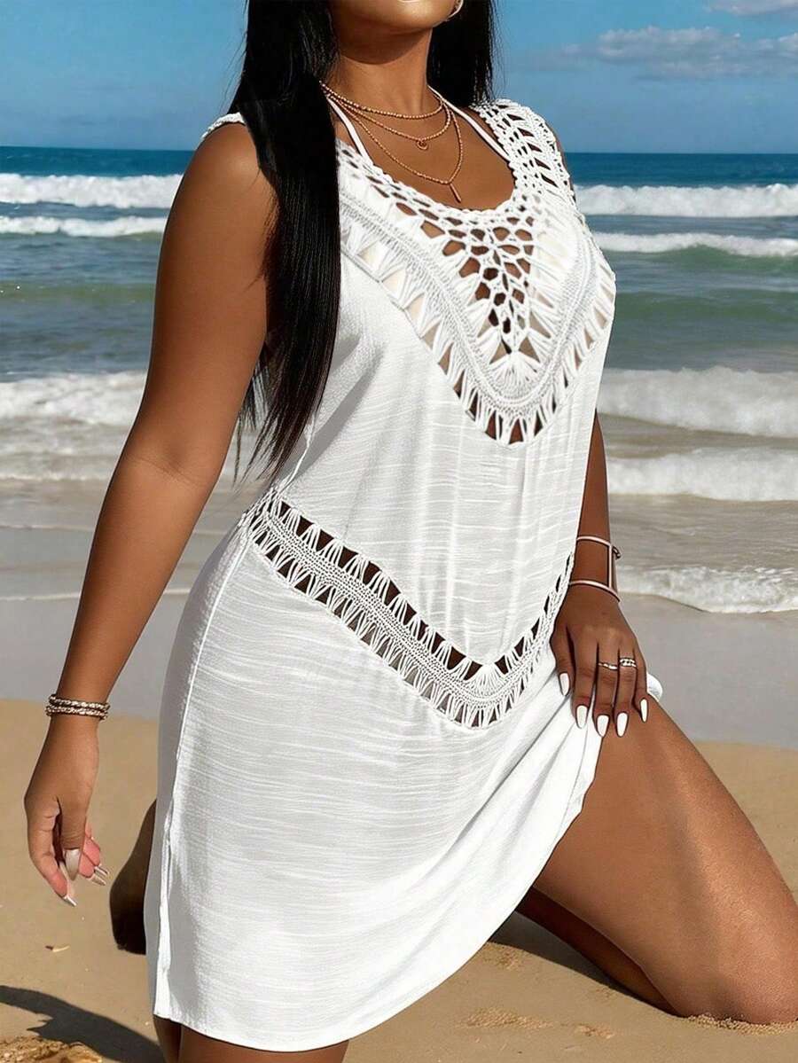 Swim Vcay 大码女式纯色针织钩针 V 领背心，波西米亚风休闲沙滩比基尼罩衫，夏季 - 白色 - 查看 1