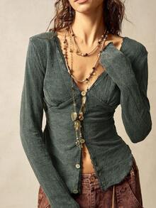 Bohemela 女式休闲纯色V领长袖针织上衣 - 黑色 - 查看 4