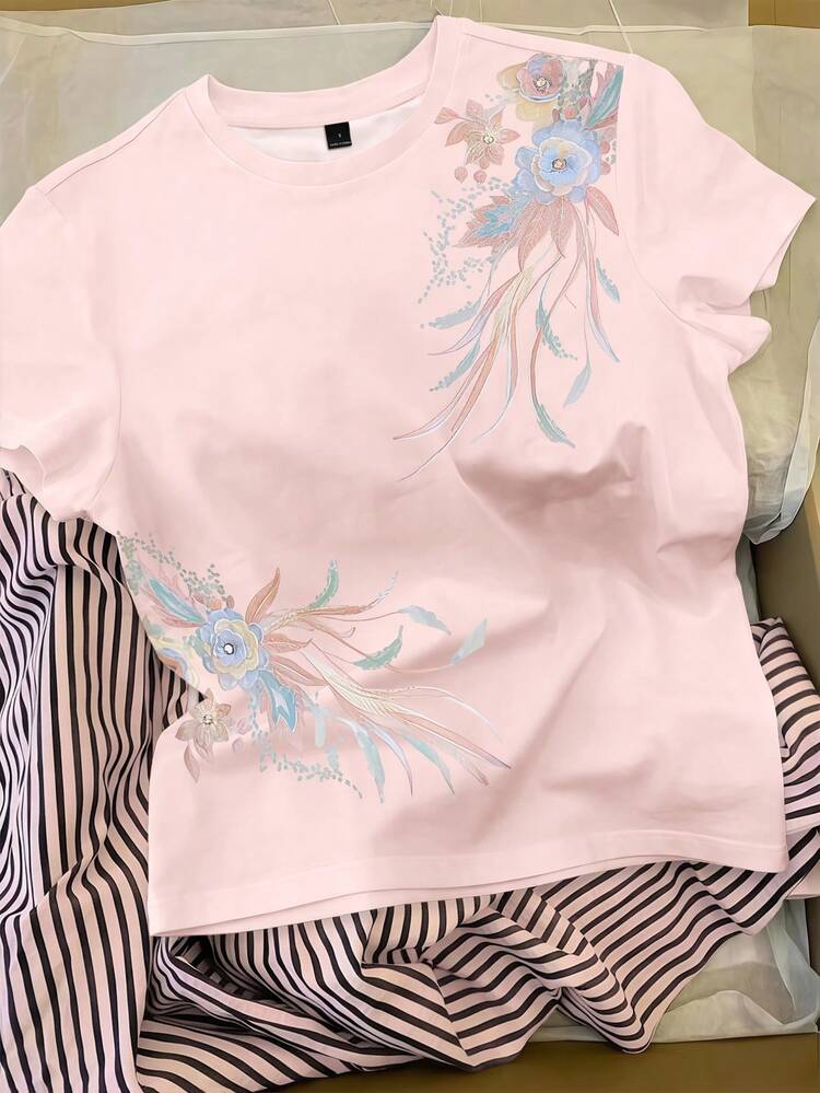 Resyla Women's Floral Print Short Sleeve Top And Drawstring Waist Striped Pants Casual Outfit - Multicolor - View 3