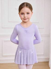 Robe de danse de ballet en maille tricotée lavande avec sequins pour jeunes filles, tenue de danse ajustée avec nœud papillon au dos, stretch douce - Parme - Voir 5