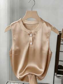 Lyxana Women's Summer Knit Round Neck Shiny Cady Sleeveless Champagne Commuter Metal Button Elegant Casual Versatile Tank Top - Champagne - View 6