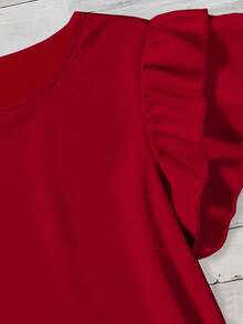 SHEIN VCAY Plus Size Women's Solid Color Round Neck Pleated Casual Versatile Daily Wear Blouse - Red - View 7