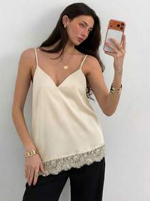 Aloruh Women's Lace Patchwork Asymmetrical Hem Ruched Camisole Top, Versatile For Daily Wear - Beige - View 5