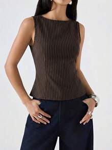 LYSMO 2026新款简约棕色条纹圆领修身休闲背心，适合工作/商务休闲/办公室穿着，时尚女式衬衫/休闲女式衬衫 - 棕色 - 查看 4