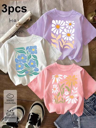 Bộ 3 áo thun ngắn tay cơ bản cho bé gái, kiểu dáng thường ngày, thanh lịch, sáng tạo, tối giản, in hình phong cảnh hoàng hôn bãi biển Hawaii, màu trắng/hồng/tím, thoải mái khi mặc hàng ngày, phù hợp cho mùa xuân, hè và thu.