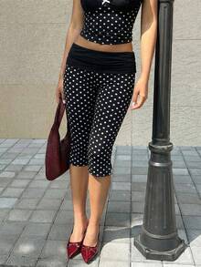 SHEIN 休闲简约复古优雅百搭通勤、派对、海滩、度假装扮，女士夏季黑色波点打底裤 - 彩色 - 查看 5