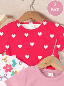 SHEIN 3件套女婴上衣，白色、玫瑰红、粉色，印有爱心、花朵、蝴蝶图案，适合外出、春、夏、秋季、日常百搭，花卉图案，乡村度假休闲舒适套装 - 彩色 - 查看 3