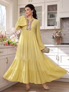 SHEIN Najma 浪漫优雅黄色立领喇叭袖荷叶边下摆连衣裙，春夏款 - 黃色 - 查看 2