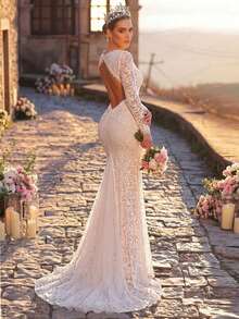 Glamrae Elegant Luxurious Stretchy Lace Floral Trim Sheer Sleeve Mermaid Maxi Dress With Long Train, Suitable For Weddings, Parties, Vacations, Balls, Honeymoon - White - View 3