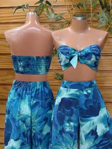 Lunelith SHEIN Lunessa 2pcs Women's Floral Print Bandeau Tie Waist Wide Leg Pants Set, Spring/Summer - Multicolor - View 2