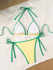Swim Mod Bộ bikini màu vàng mới, đồ bơi gợi cảm dành cho nữ, thích hợp cho kỳ nghỉ biển với họa tiết cây dừa, bộ bikini màu vàng mùa xuân/hè họa tiết cây cọ. - Màu vàng - Xem 3