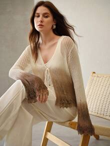 MOTF PREMIUM WOMEN'S OMBRE PATTERN V-NECK HOLLOW TIE-UP FLARE SLEEVE KNIT CARDIGAN, SPRING/SUMMER - White - View 2