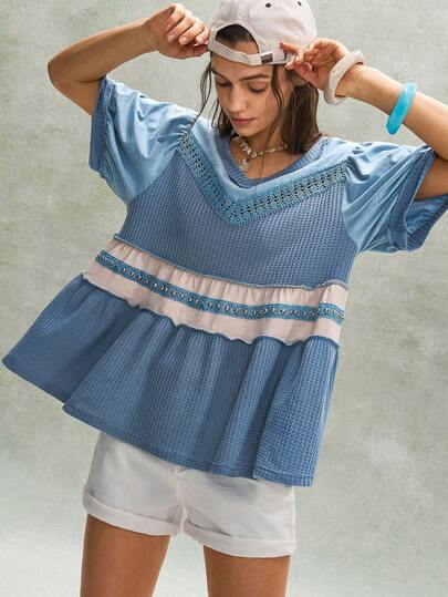 Bohemela Casual gebreid patchwork T-shirt met V-hals, korte mouwen en losse pasvorm voor dames