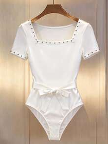 Elenzga Áo liền thân nữ thanh lịch, thoải mái, cổ vuông, đính đinh tán, phối vải, kèm nơ thắt lưng. - trắng - Xem 6