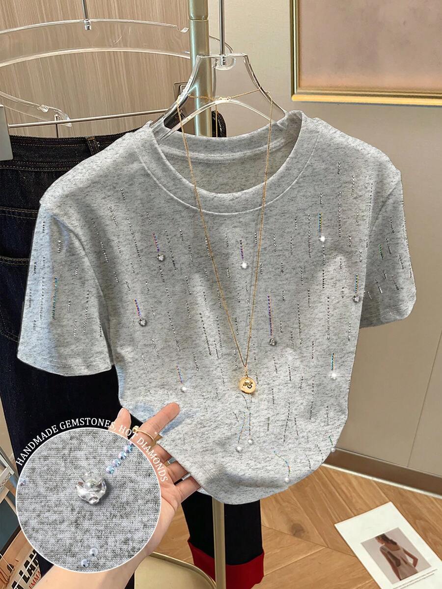 Resyla 闪亮亮片水钻简约设计女式常规圆领短袖T恤,送朋友的礼物 - 淺灰色 - 查看 1
