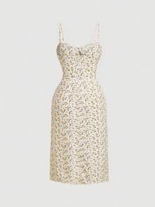 SHEIN MOD Plus Size Ditsy Floral Print Strappy Dress, Summer - Yellow - View 3