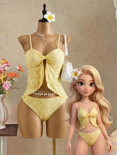 Bellisia 2022春夏女士沙滩装，女士吊带比基尼两件套，沙滩度假风性感时尚清新甜美3D立体花卉纹理面料，优雅浪漫扭结细肩带，荷叶边下摆，可拆卸肩带，双面可穿吊带比基尼套装