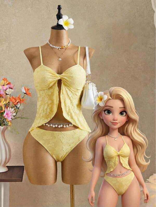 Bellisia Conjunto de 2 piezas de mujer para playa, primavera/verano 2022: Camiseta de tirantes y bikini. Conjunto de bikini reversible con textura de tela floral 3D, elegante y romántico, con tirantes de espagueti, volantes en el bajo y tirantes desmontables. Ideal para vacaciones en la playa.