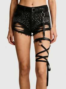 ROMWE Goth 1件黑色Y2K朋克风金属铆钉装饰性感系带蝴蝶结腿部吊袜带套装，适合街头、约会、音乐节、夜总会等场合。 - 黑色 - 查看 1