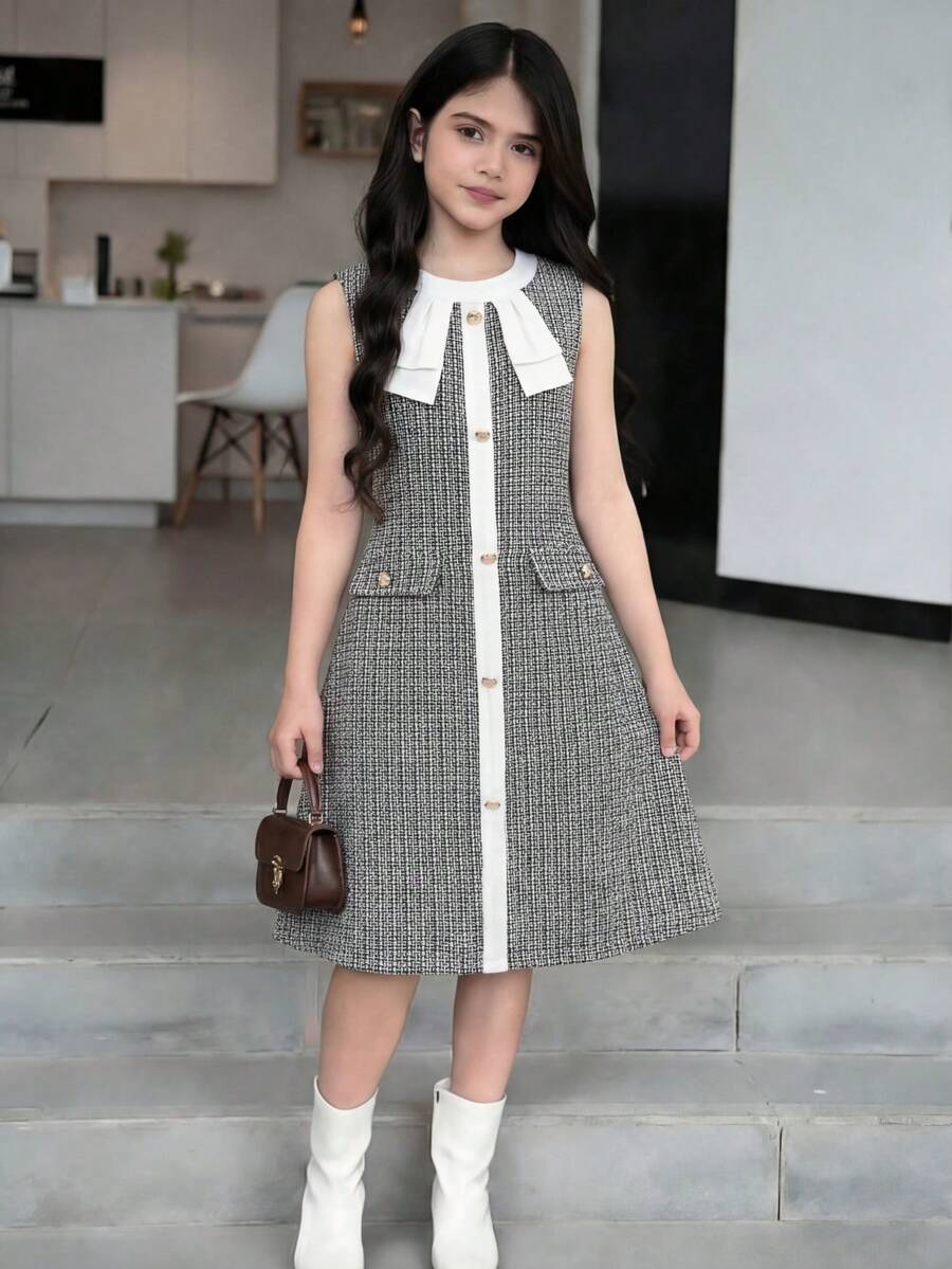 Elladie kids 女孩甜美公主风清新可爱黑白撞色圆领短袖中长款薄纱连衣裙,饰有3D白色花朵,适合生日派对、幼儿园、日常外出、家庭聚会等场合。 - 黑色 - 查看 1