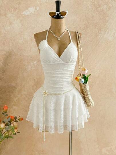 Elamini Women's Casual Sweet Cute Date Party Holiday Fashion Everyday Versatile Lace Fabric 3D Floral Decor Multi-Layer Ruffle Waist Tie Bow Neck Tie White Mini Dress