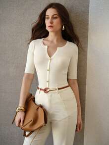 MOTF PREMIUM WOMEN'S FRONT BUTTON RIBBED KNIT SHORT SLEEVE CARDIGAN - Beige - View 5