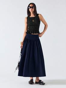 LYSMO 女士纯色百褶休闲百搭约会外出迷你裙 - 藏蓝色 - 查看 5