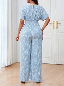 Lunelith SHEIN Lunessa 女士V领短袖条纹印花弹力腰修身休闲连体裤 - 淺藍色 - 查看 2