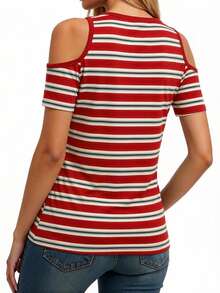 EMERY ROSE 时尚条纹撞色休闲女式短袖心形领露肩T恤，适合春夏休闲及度假穿着，百搭时尚 - 紅色 - 查看 2