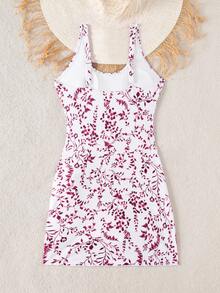 SHEIN Swim Lushore 女士度假沙滩植物印花连体泳衣 - 酒紅色 - 查看 4