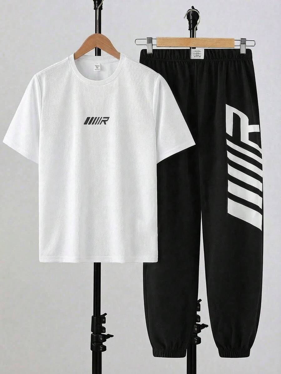 SHEIN Set de 2 sudaderas con cuello redondo con estampado de letras minimalista casual para adolescentes, adecuado para verano, deportes, correr, actividades al aire libre - Blanco - Ver 1