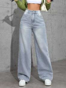 SHEIN Tall 女士休闲高腰洗水直筒口袋牛仔裤 - 淺色水洗藍 - 查看 4