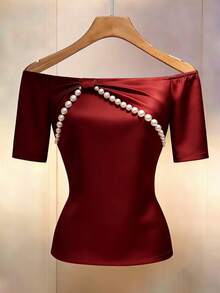 EMERY ROSE New Off-Shoulder Short Sleeve Pearl Twist Fitted Casual Commuter Women Knit T-Shirt - Red - View 3