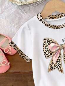 Ropa de primavera y verano para niñas bebés, camiseta de manga corta casual y cómoda con estampado de lazo y estampado de leopardo, adecuada para atuendos casuales de primavera/verano - Multicolor - Ver 4
