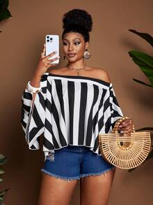 Maweii 大码女式露肩条纹休闲百搭日常上衣 - 黑與白 - 查看 1