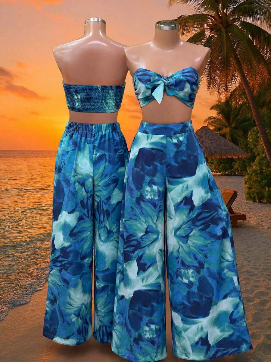 Lunelith SHEIN Lunessa 2pcs Women's Floral Print Bandeau Tie Waist Wide Leg Pants Set, Spring/Summer - Multicolor - View 1