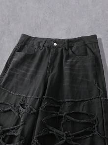 Manfinity Denimwave 男士休闲破洞毛边黑色阔腿牛仔裤 - 黑色 - 查看 7