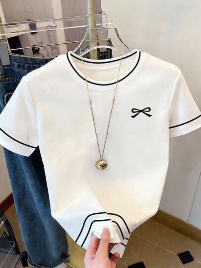 Tween Girls' Casual Cute Mini Bow Logo Print, Black & White Striped Contrast Color Short Sleeve T-Shirt, Suitable For Daily Wear, Student, Outdoor
