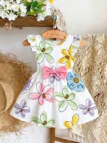 SHEIN 1件，适合6个月至2-3岁女童，甜美活泼/清新森林风，彩色花卉印花+蝴蝶结装饰喇叭袖公主裙，轻盈、活泼、吸睛，适合日常穿着、上学、生日派对、野餐、儿童节、春夏秋季等场合。 - 彩色 - 查看 4