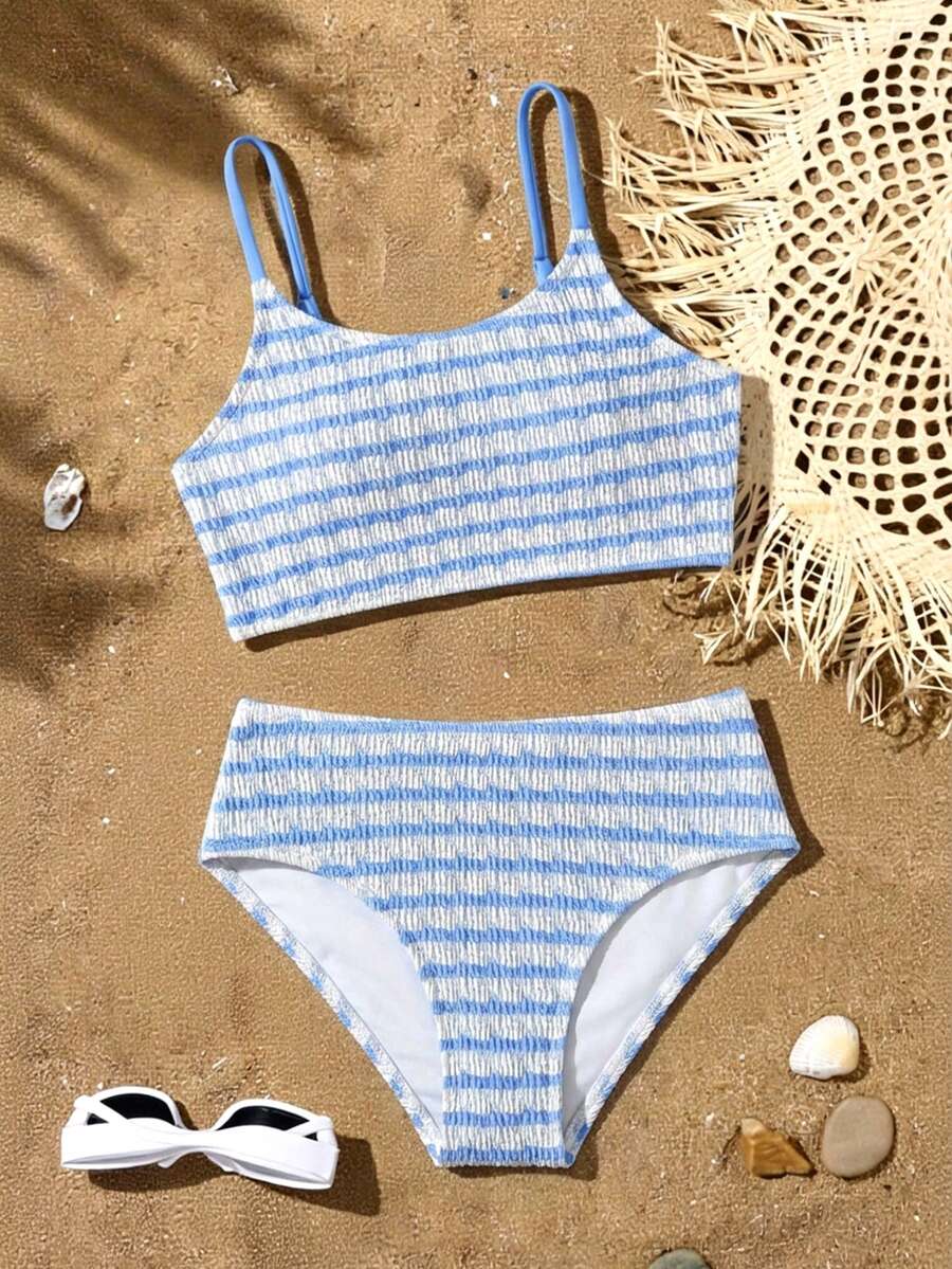 少女条纹比基尼套装，休闲两件式泳衣，三角泳裤设计，适合度假、海滩、夏季穿着。 - 藍色 - 查看 1