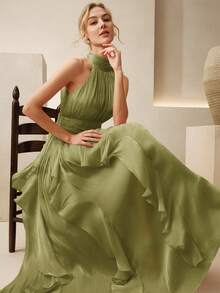 Anewsta 女士新款优雅无袖吊带长裙，腰部褶皱显瘦闪亮波浪裙摆连衣裙，粉色，适合宴会、派对、聚会等场合 - 綠色 - 查看 5