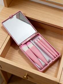 5PCS Portable Makeup Brush Set With Mirror Case Multifunctional Foundation Powder Blush Eye Shadow Blending Brush Kit Professional Cosmetic Tools For Travel Home Use Beauty Gift Set - Pink - View 4