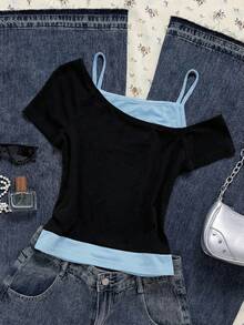 Attitoon Áo thun ngắn tay nữ kiểu dáng retro màu đen và xanh phối tương phản, in hình mèo xanh đang nhìn trộm, thích hợp cho mùa hè. - xanh và đen - Xem 2