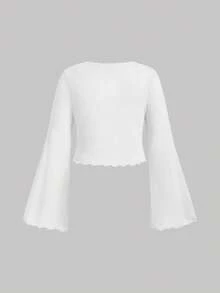 SHEIN MOD 加大码 V 领喇叭袖系蝴蝶结衬衫喇叭袖上衣白色衬衫白色 - 白色 - 查看 2