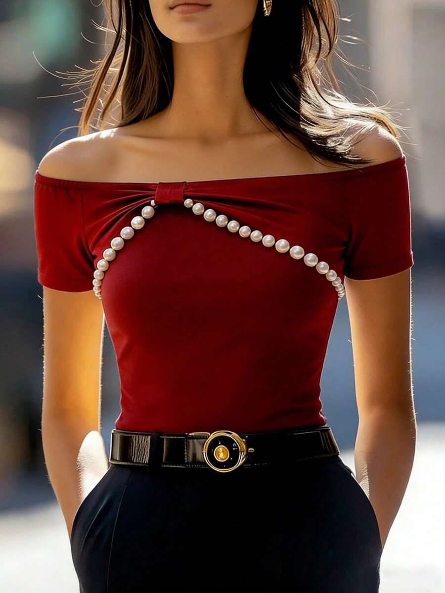 EMERY ROSE New Off-Shoulder Short Sleeve Pearl Twist Fitted Casual Commuter Women Knit T-Shirt - Red - View 1