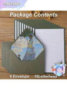 SHEIN 16 Green Set Of Oil Painting Envelopes Containing 6 Envelopes And 10 Pieces Of Writing Stationery For Making Invitations And Greeting Cards Gift Greeting Cards Writing Letters New Year's Gifts - Green - View 4
