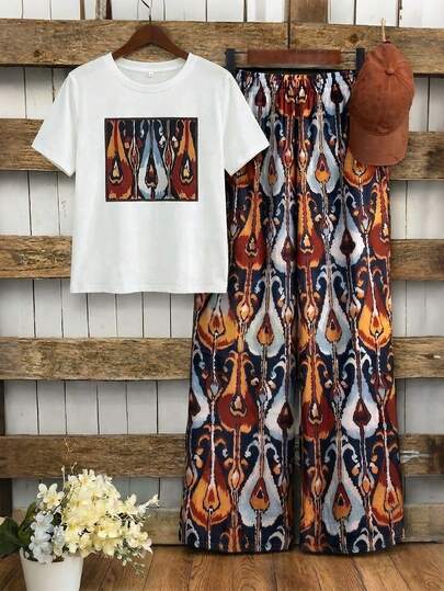 EMERY ROSE 2 pièces/Set T-shirt à manches courtes col rond avec imprimé graphique et pantalon droit ample à imprimé pour femmes, tenue décontractée, ensemble de vacances, style rétro, pantalon d'été, pantalon à motif