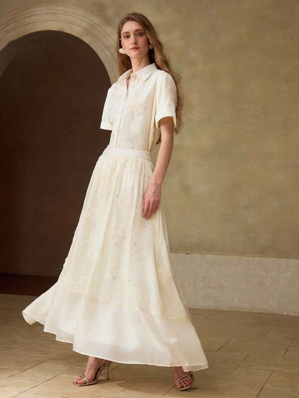 MOTF PREMIUM SPRING/SUMMER NEW BEADED EMBROIDERY PATCHWORK FABRIC A-LINE SKIRT, CLASSIC VERSATILE WOMEN'S SKIRT