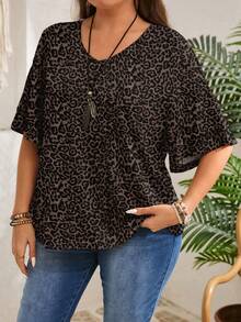EMERY ROSE 大码女式V领豹纹印花休闲简约短袖T恤，适合夏季穿着 - 彩色 - 查看 3